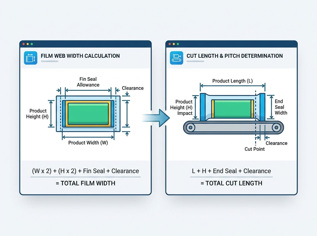 Teknikal na diagram na naglalarawan ng haba ng cutoff ng flow wrapping machine at mga kalkulasyon ng lapad ng web ng pelikula